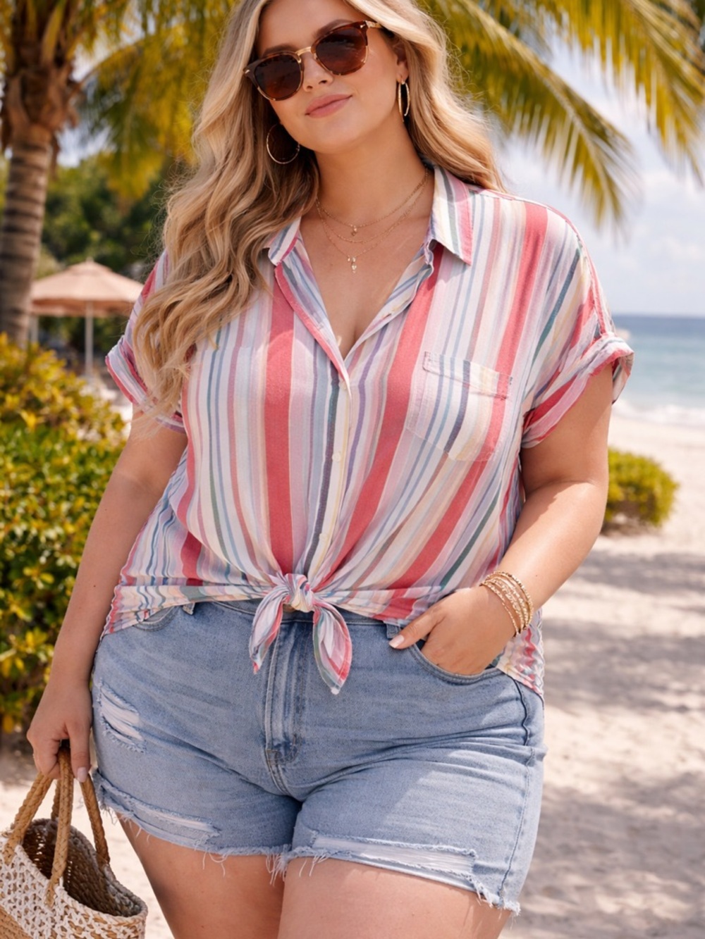 Old Navy Multi-Striped Notched Collar Tie Hem Beach Blouse Size XXL